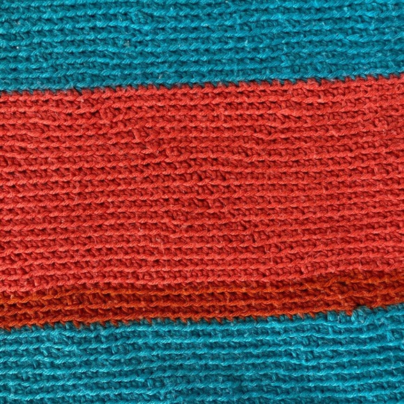 Afghan Knit Crochet Blanket Throw Handmade Turquoise Coral White Stripe 65x54 - Picture 7 of 7